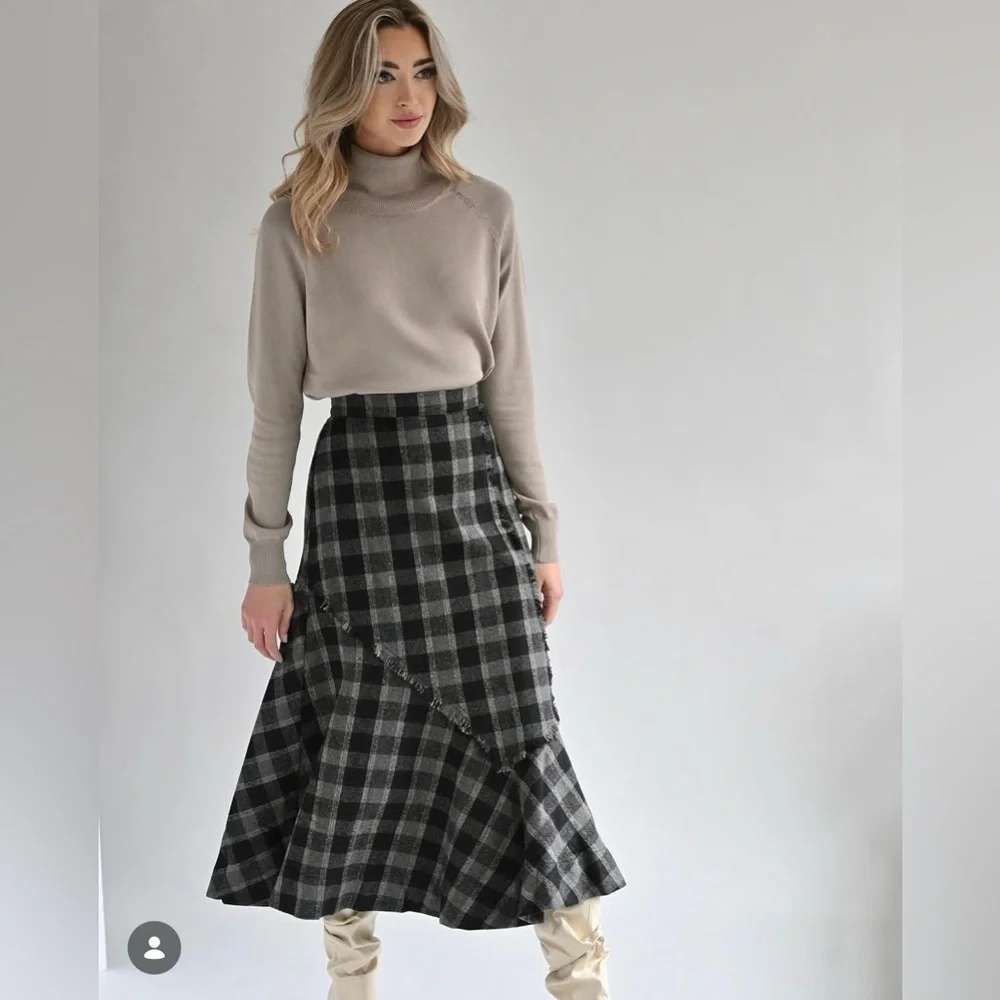 Plaid Check Ruffle Asymmetrical Midi Knee-Length High-Waist Modest Fringe Skirt - Picture 1 of 16